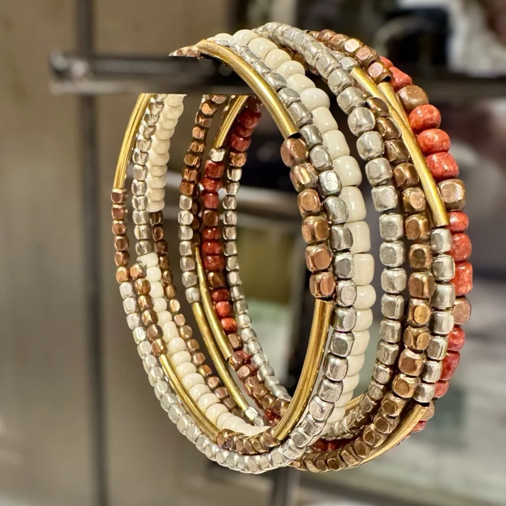 One Piece Continuous Beaded Multi-Row Earth Tone Bangle Bracelet